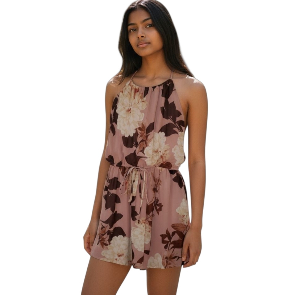 Sweet Storm Floral Halter Dress Mauve Cream Burgundy Size Medium